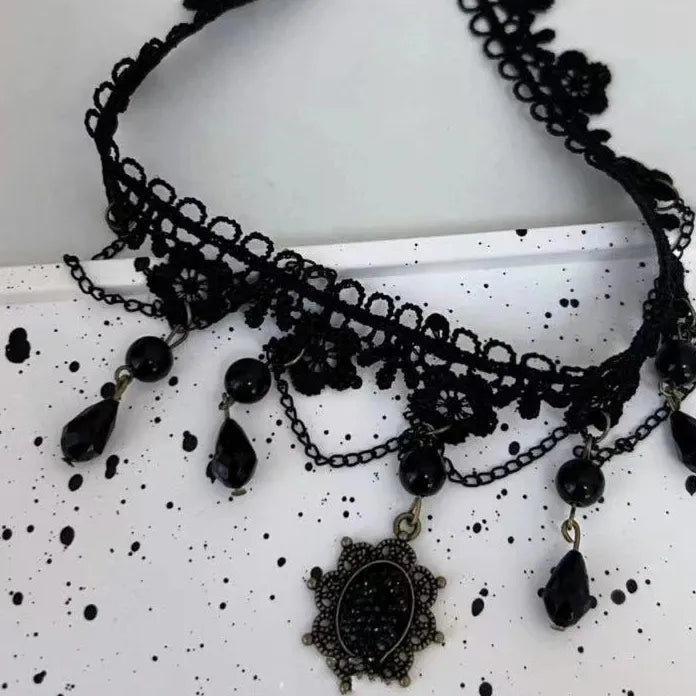 Black Lace Crystal Pendant Necklace Gothic Punk for Women Teens Gift