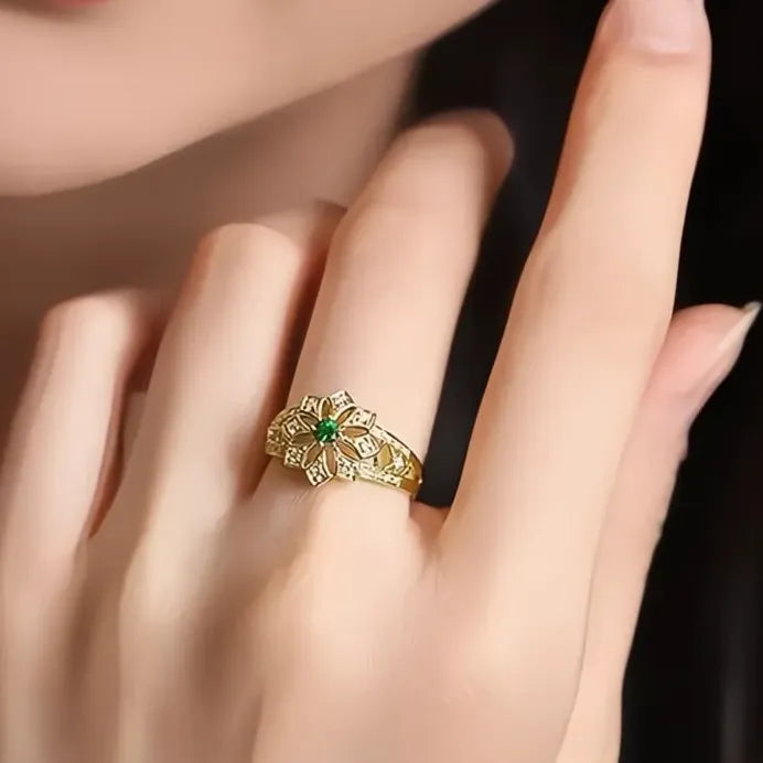 Geometric Green Cubic Zirconia Flower Ring for Women Wedding Gift
