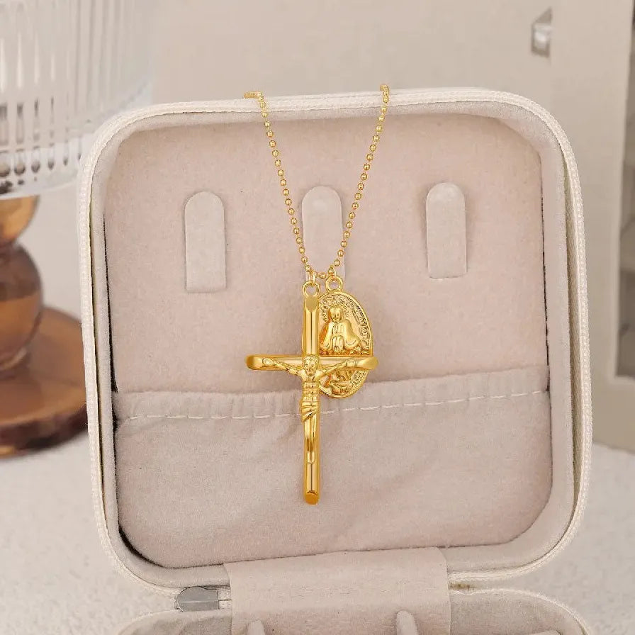 18k Gold Plated Crucifix Cross Pendant Necklace Featuring Pearl for Women