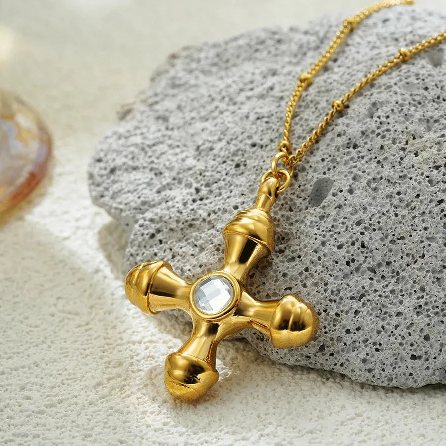 Thick Stainless Steel Cross Pendant Necklace for Women Crystal Bead Chain Choker 2025
