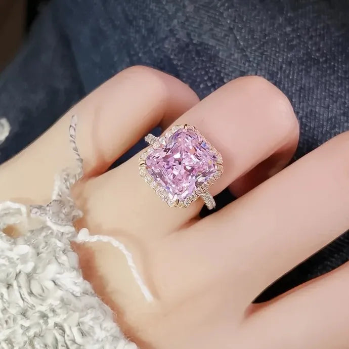 Pink Square Cubic Zirconia Bridal Wedding Band Ring Brass Women Jewelry