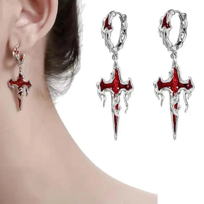 Neo-Gothic Red Flame Cross Earrings Women Hip Hop Y2K Statement Jewelry