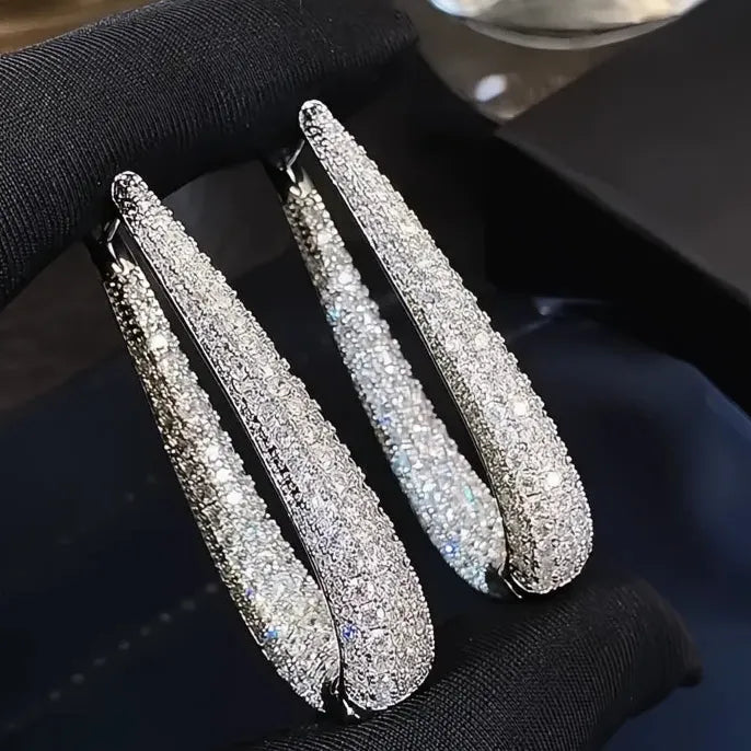 Silver Color Hoop Earrings for Women with Bright Cubic Zirconia, Fashion Party Jewelry Gift