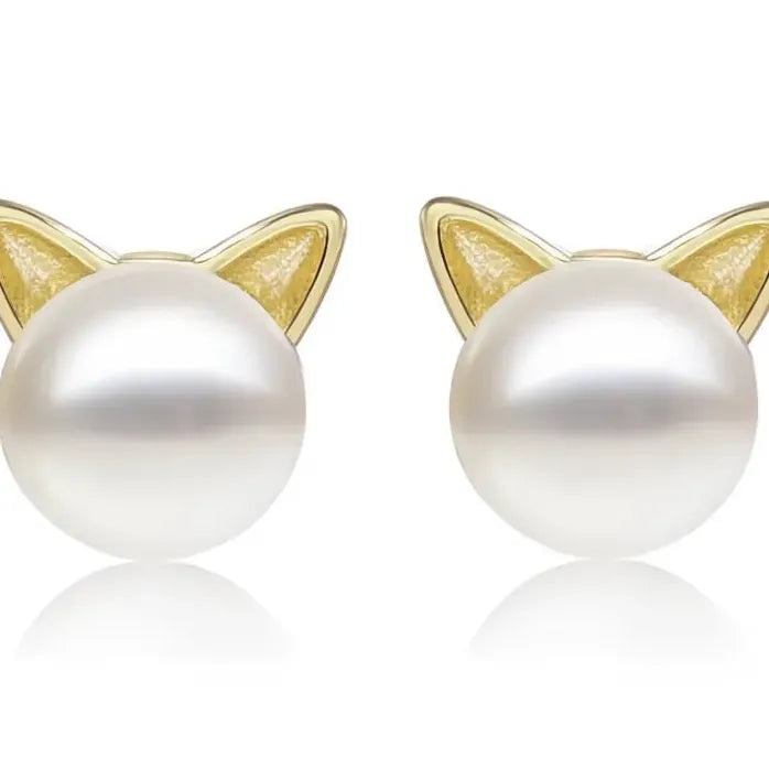 Geometric Cat Ear Imitation Pearl Stud Earrings for Women Brass Jewelry