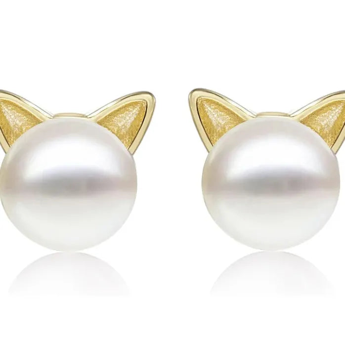 Cat Ear Pearl Stud Earrings for Women Dainty Sweet Girls Jewelry