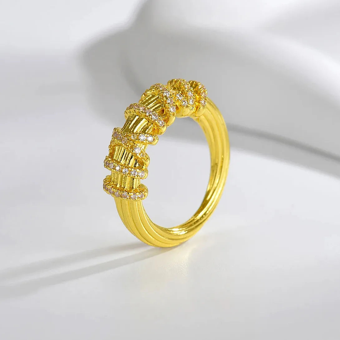 Women's Fashion Ring Gold Cubic Zirconia Cross Striped Winding Jewelry Gift