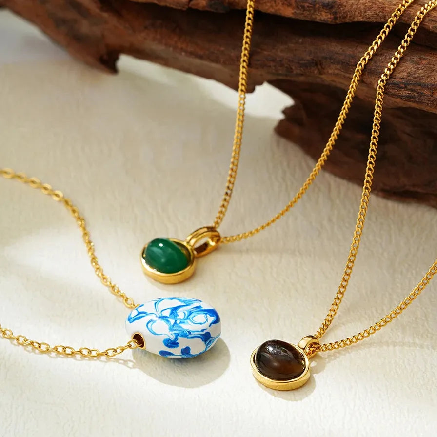 Oval Natural Tiger Eye Pendant Waterdrop Abalone Shell Necklace Stainless Steel Zircon Choker