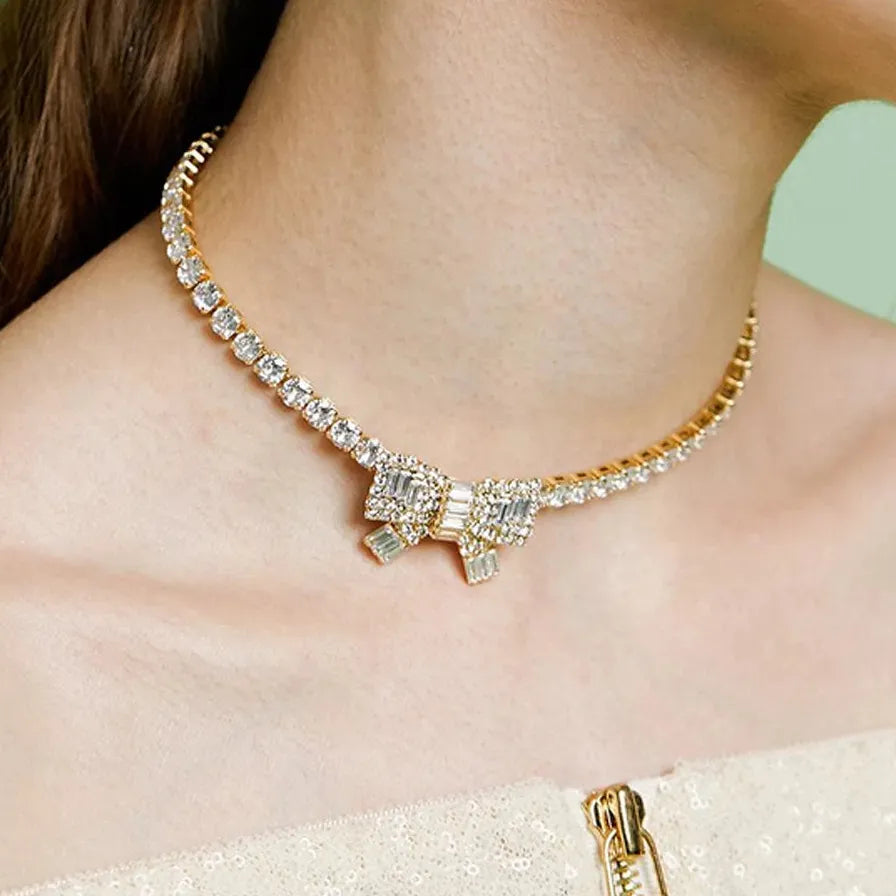 18K Gold Plated Bow Knot CZ Zircon Clavicle Necklace for Women Elegant Jewelry