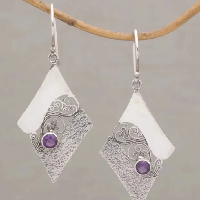 Geometric Pattern Carved Purple Gemstone Drop Earrings Zinc Alloy Gift