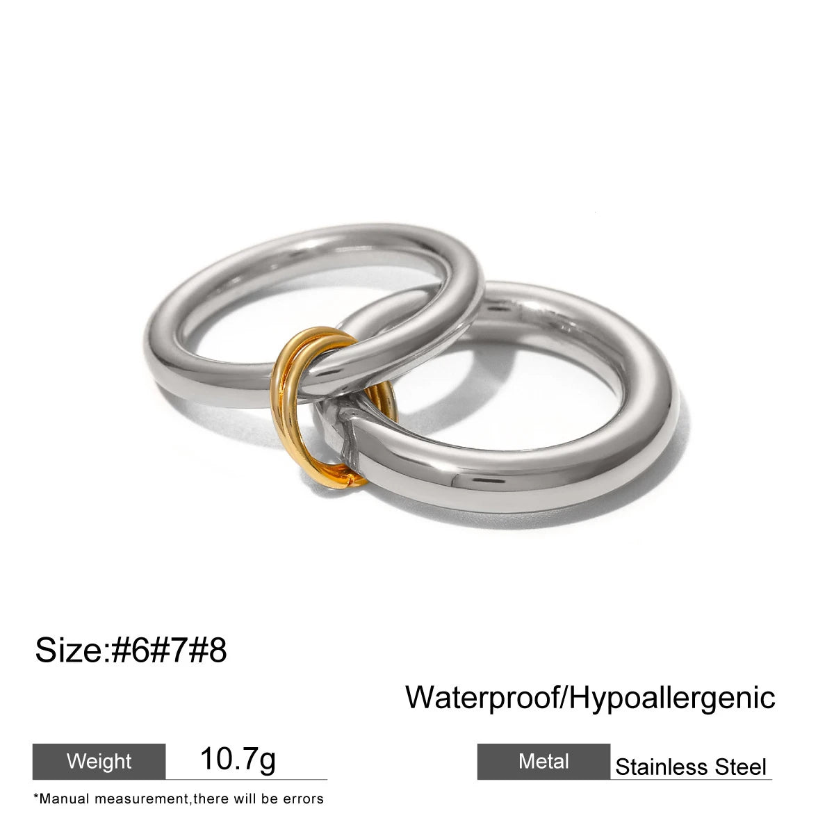 18K Gold Plated Stainless Steel Double Round Finger Ring for Women Waterproof Hiphop Jewelry