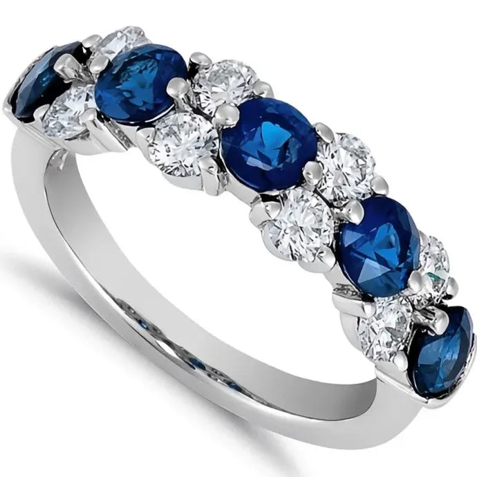 Silver Geometric Ring with Blue White CZ Brass Wedding Band for Women