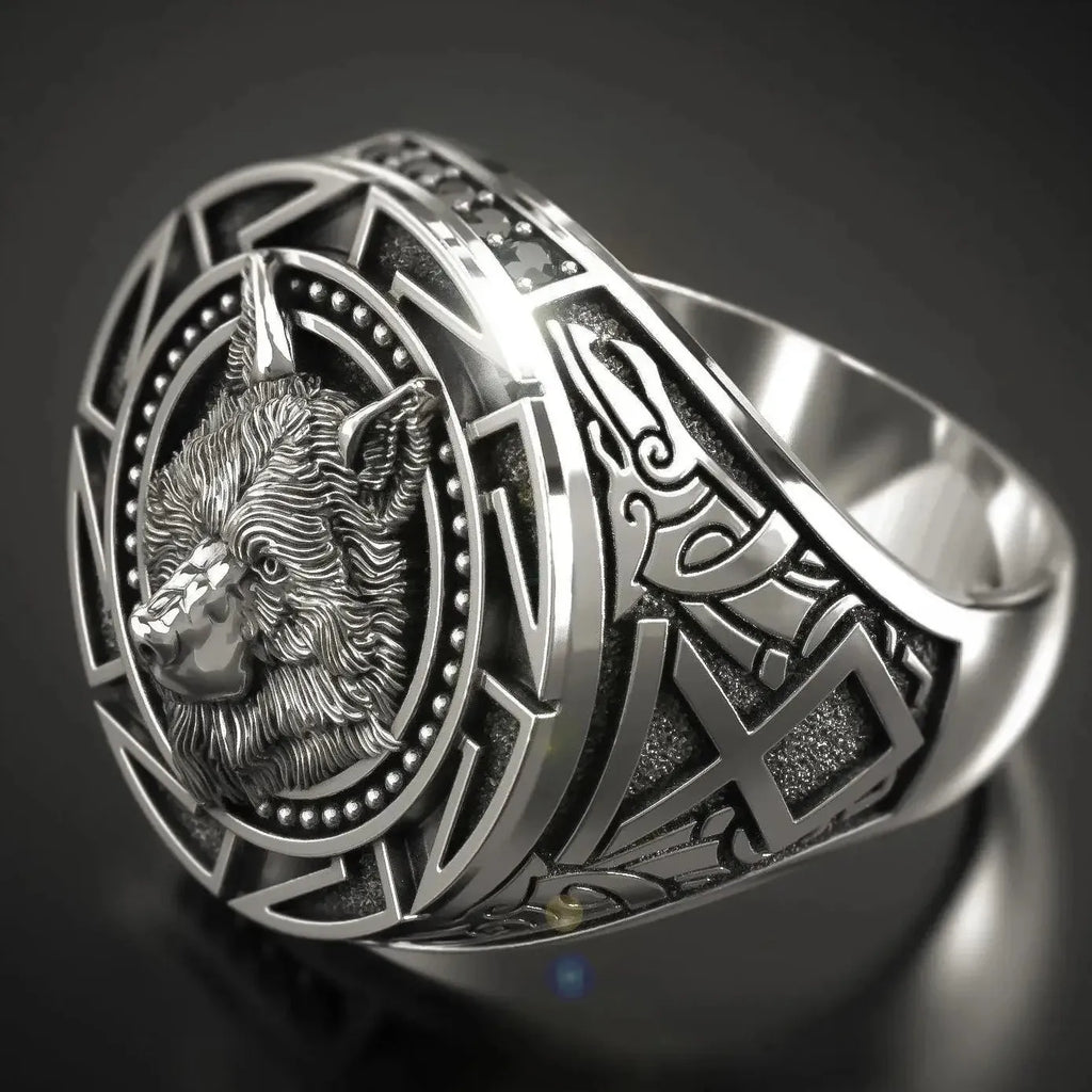 Men's Retro Viking Wolf Head Ring Zinc Alloy Nordic Mythology Geometric Design