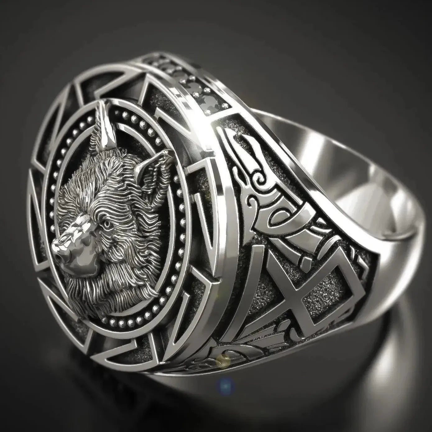 Men's Retro Viking Wolf Head Ring Zinc Alloy Nordic Mythology Geometric Design