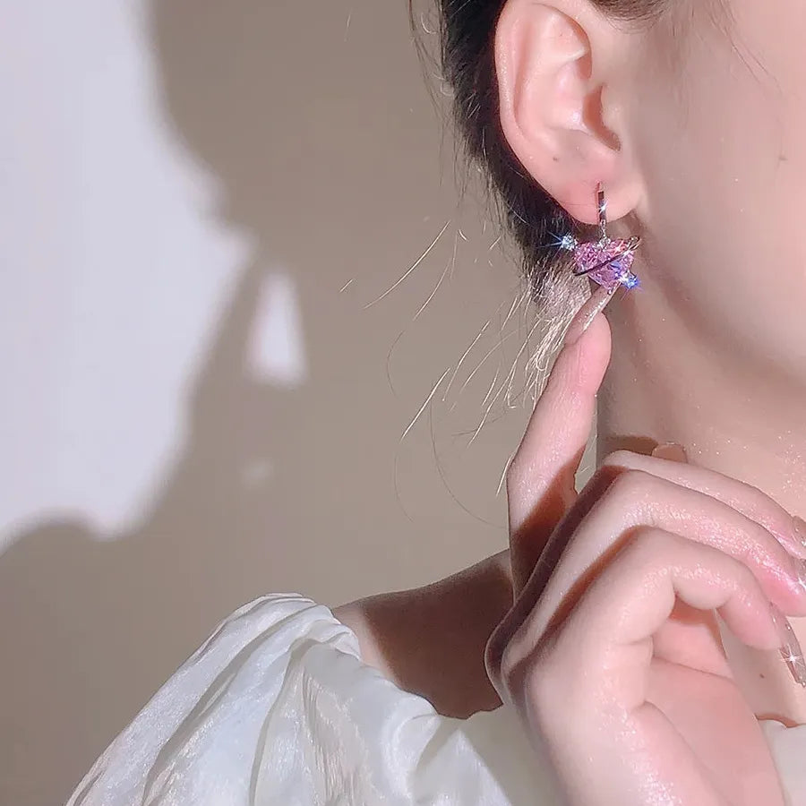 Pink Zircon Y2K Love Heart Planet Hoop Earrings for Women 90s Egirl Jewelry