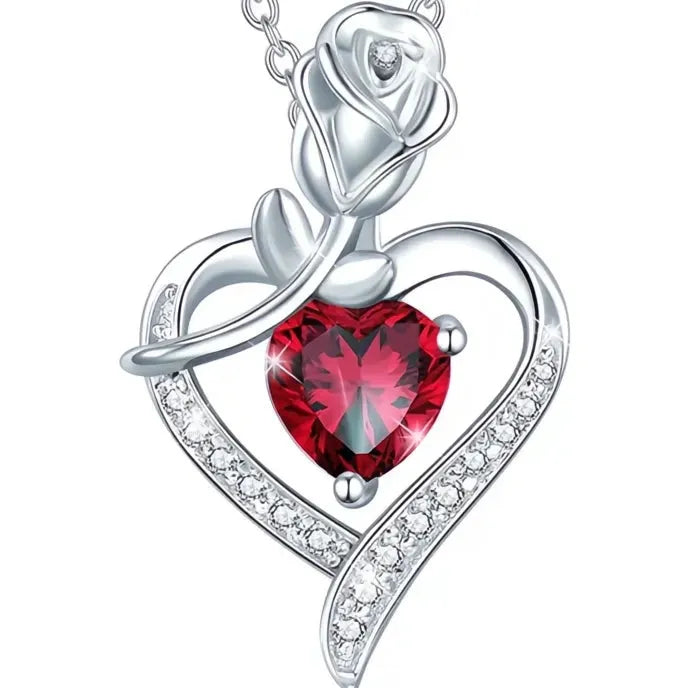 Red Heart Rose Flower CZ Pendant Necklace Copper Alloy Anniversary Gift for Women Mom