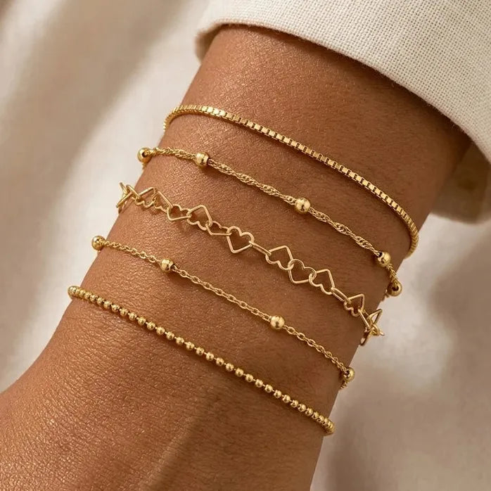5Pcs Bohemian Gold Metal Heart Multi-Layer Adjustable Bracelet Set Women