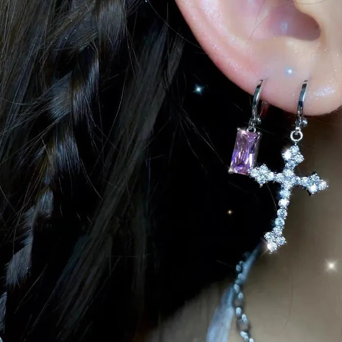 Korean Zircon Crystal Cross Drop Earrings Women Gothic Punk Hip Hop Jewelry