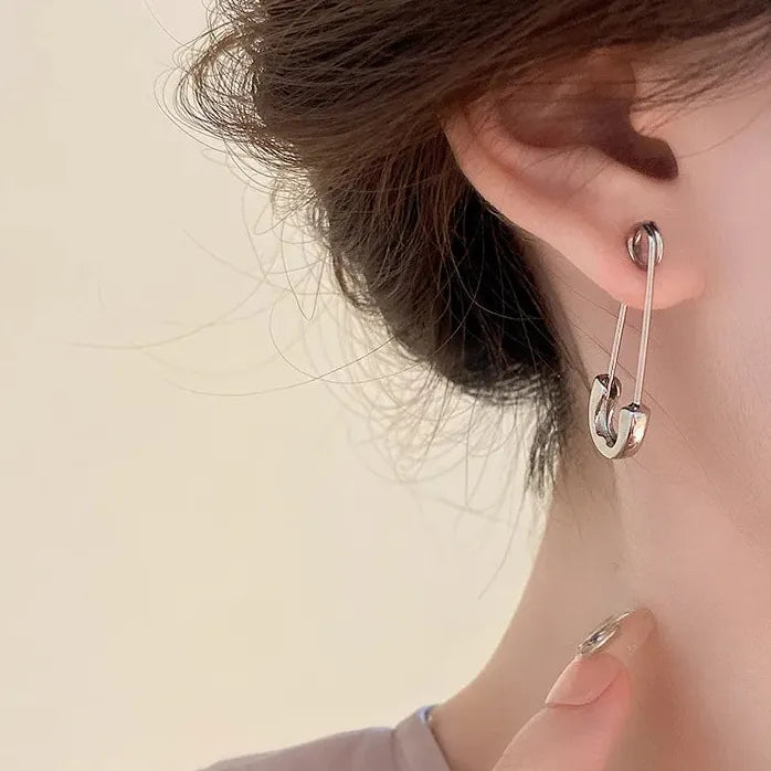 Unisex Punk Rock Safety Pin Metal Stud Earrings Geometric Jewelry for Women Men