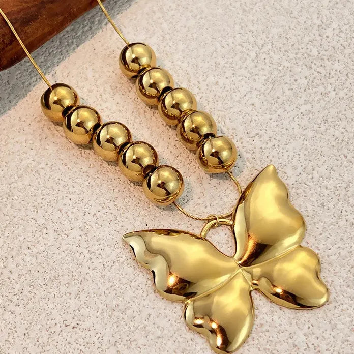 Stainless Steel Geometric Butterfly Pendant Necklace Punk Beaded Jewelry