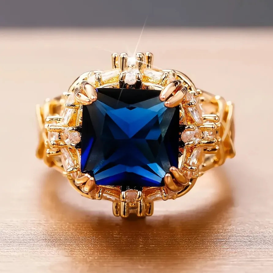 Dark Blue CZ Geometric Flower Ring for Women Elegant Jewelry Accessory