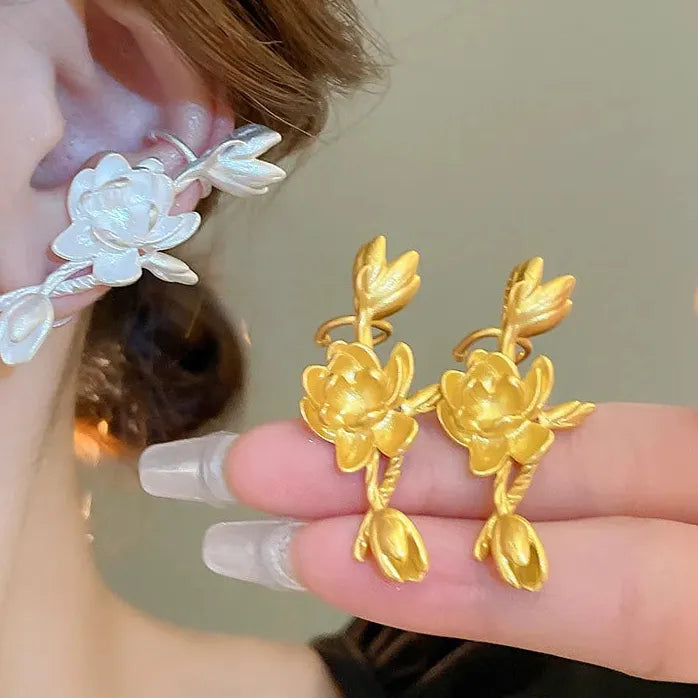 Vintage Matte Copper Jasmine Plant Stud Earrings Art Deco Unisex Jewelry