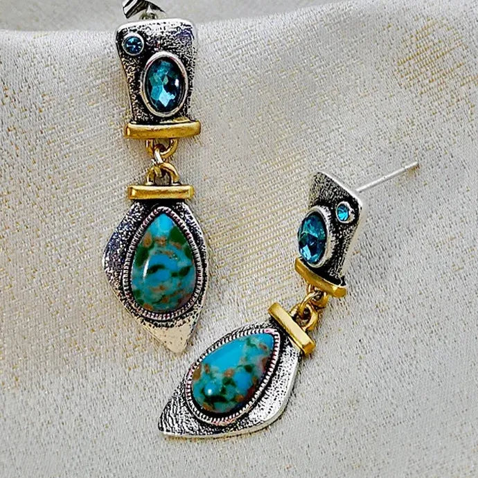 Vintage Blue Rhinestone Green Stone Tribal Zinc Alloy Drop Earrings for Women