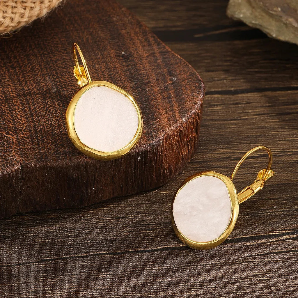 Simple Gold Inlay Round White Drop Earrings for Women Zinc Alloy Jewelry