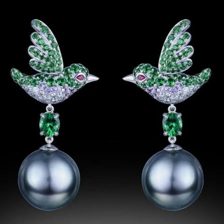 Simulated Pearl Bird Stud Earrings with Crystal Cubic Zirconia for Women Girls