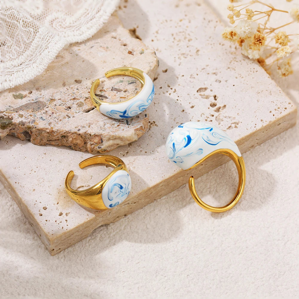 18k Gold Plated Stainless Steel Blue White Porcelain Waterdrop Dome Ring Geometric