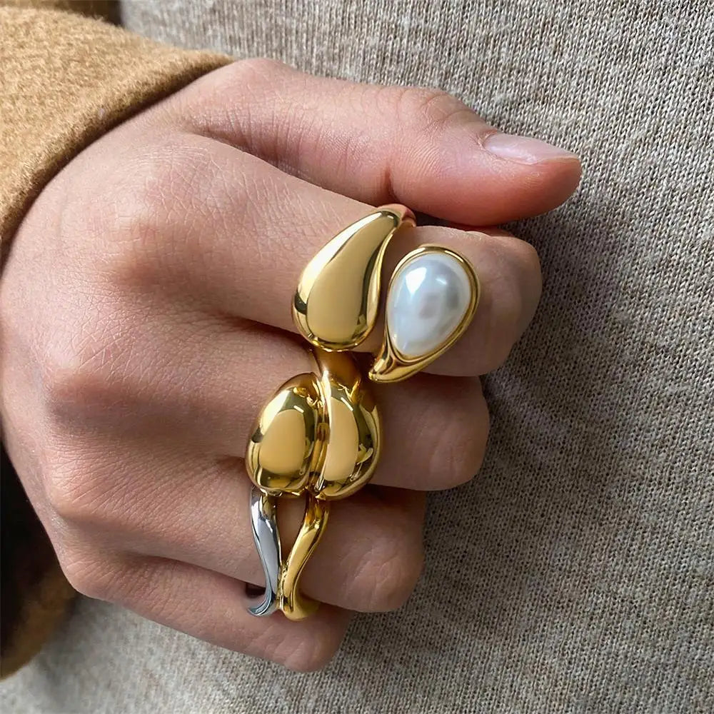 Vintage Dome Teardrop Waterdrop Pearl Ring 18K Gold Plated Stainless Steel Women