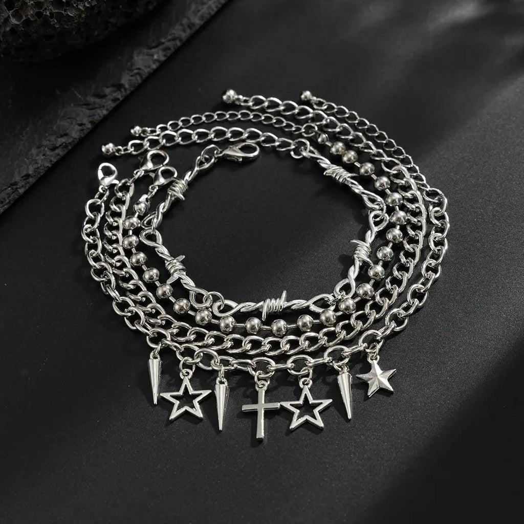 4Pcs Punk Cross Rivet Star Multi-Layer Cuban Chain Bracelet Set for Men Women