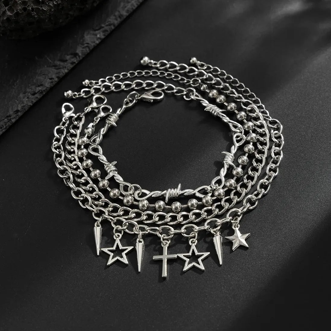 4Pcs Punk Cross Rivet Star Multi-Layer Cuban Chain Bracelet Set for Men Women