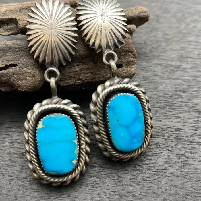 Vintage Blue Stone Geometric Drop Earrings Bohemian Ethnic Silver Zinc Alloy