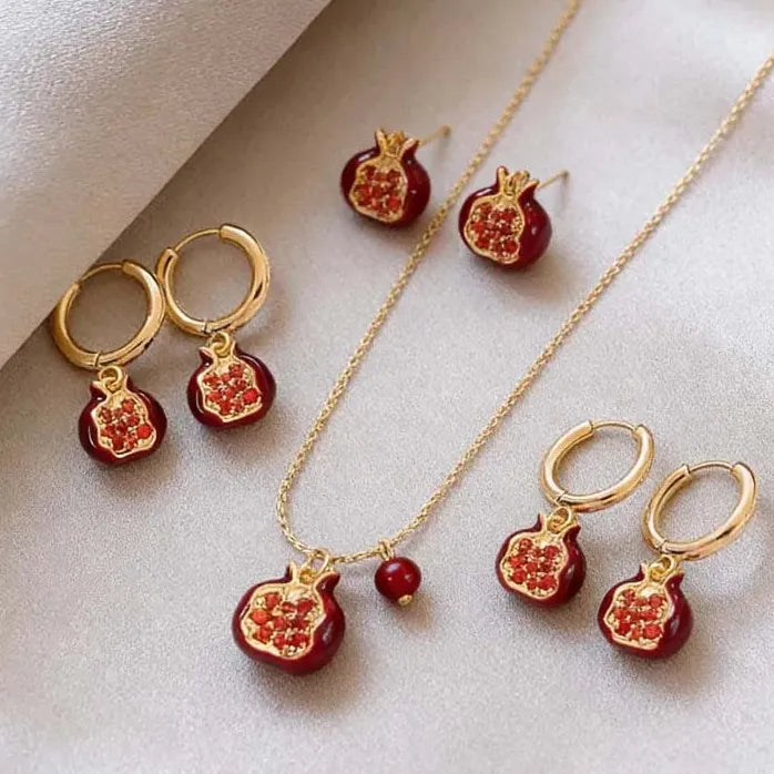 Vintage Red Pomegranate Gold C-Shape Hoop Earrings Necklace for Women Gift