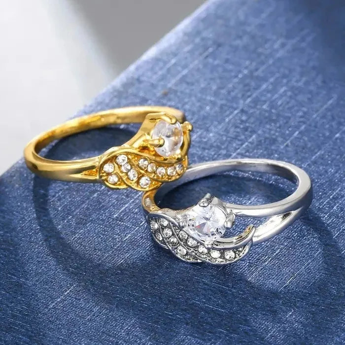 Classic Women’s Gold Color Metal Ring with White Zircon Wedding Proposal Gift