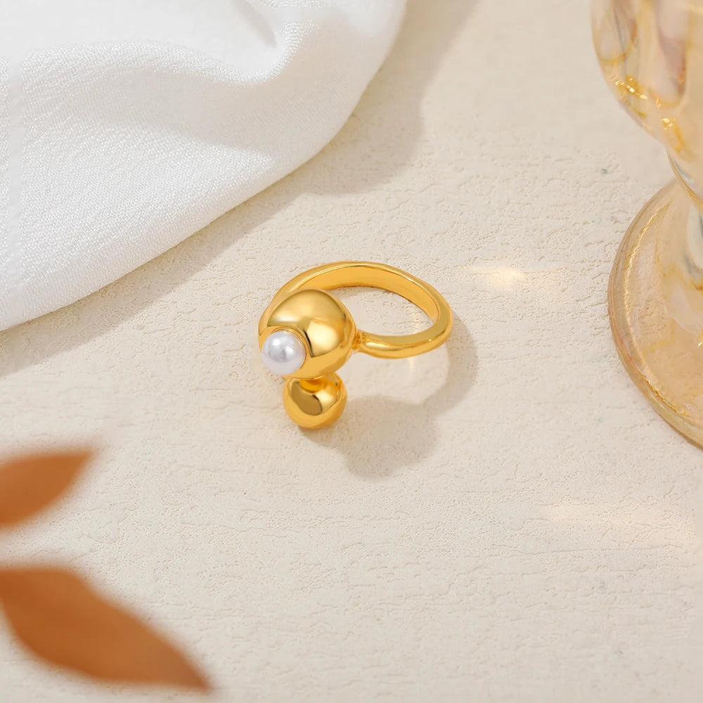 18K Gold Plated Stainless Steel Pearl Knuckle Ring Thick Metal Ball Fashion Jewelry