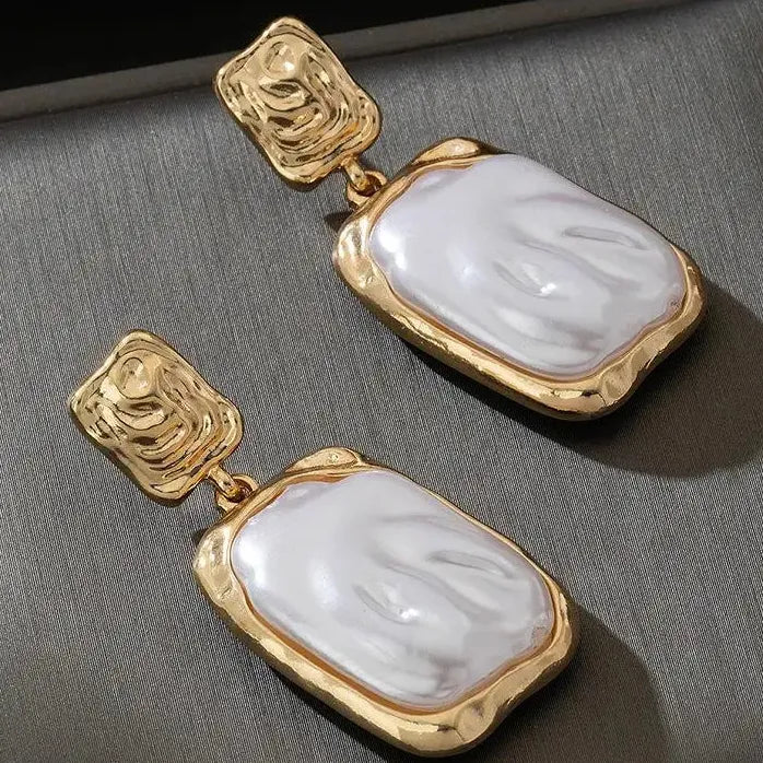 Vintage Gold Square Pleated Drop Earrings Featuring Simulated Pearl for Women