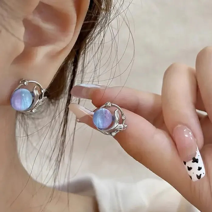 Gradient Blue Planet Rhinestone Fish Tail Earrings for Women Girls Jewelry