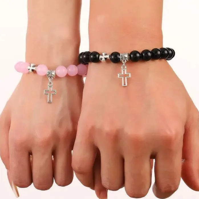 2Pcs Pink Crystal Beads Cross Bracelets Natural Stone Couple Jewelry Gift Set