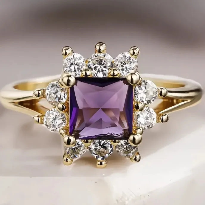 Elegant Gold Color Women’s Ring with Purple Cubic Zirconia Inlay, Trendy Party Wedding Jewelry Gift