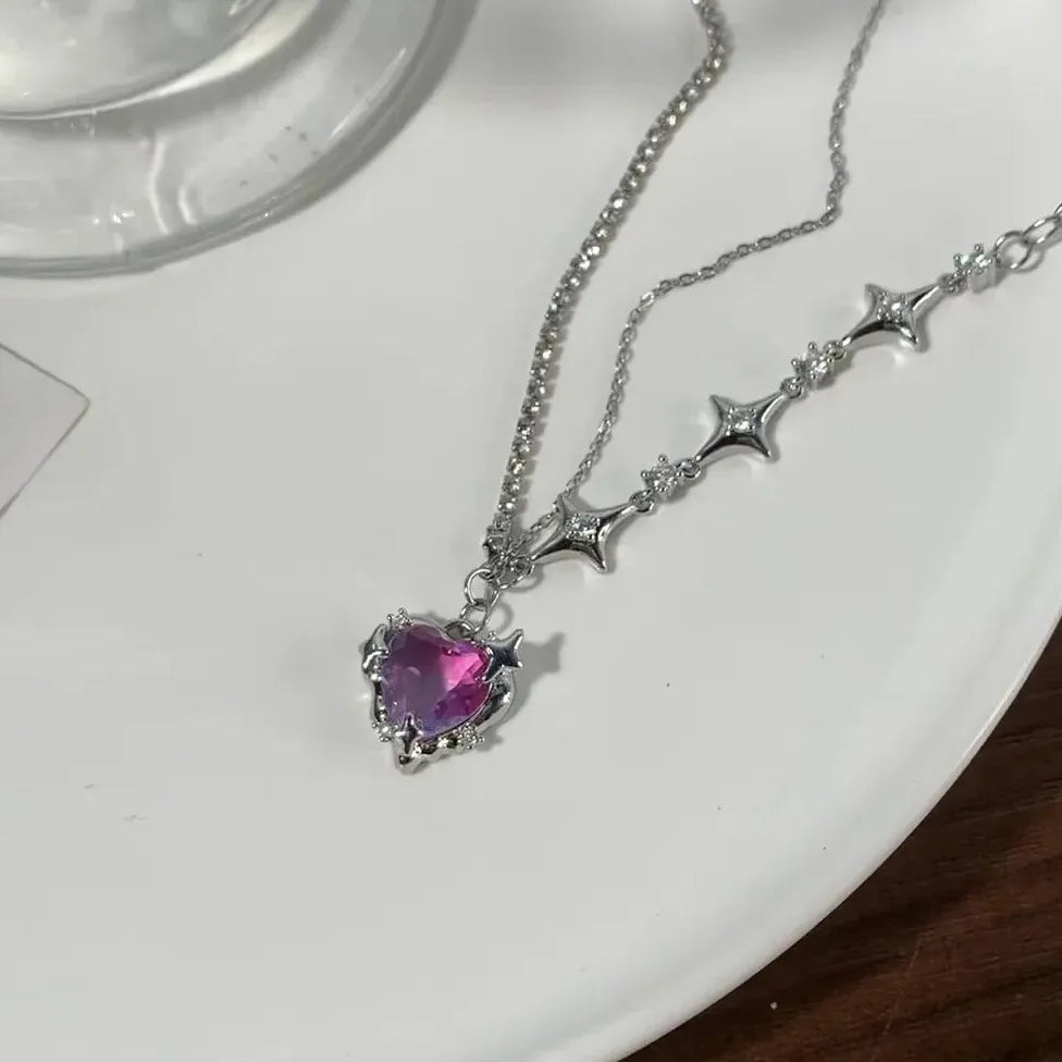 Y2K Kpop Black Heart Asymmetric Star Rhinestone Zinc Alloy Necklace
