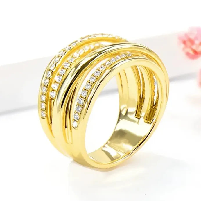 Gold Multi-Layer Geometric Cubic Zirconia Wedding Band Ring for Women