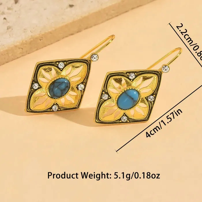 Vintage Ethnic Diamond Hollow Sunflower Drop Earrings with Synthetic Turquoise for Women