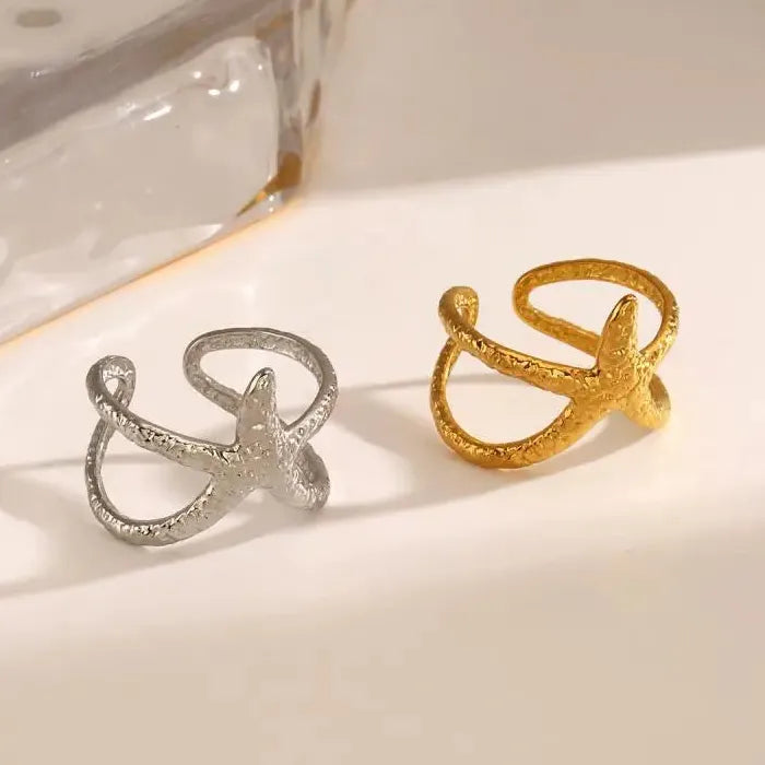 Gold Starfish Stainless Steel Open Ring Vintage Waterproof Jewelry Gift Women