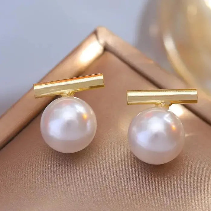 Korean Simple Round Metal Pearl Stud Earrings for Women Gift Jewelry