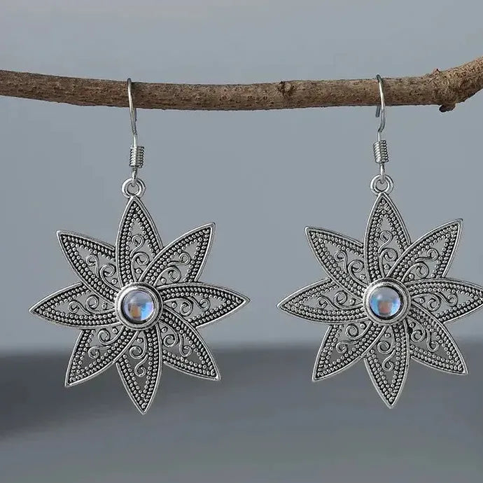 Bohemian Moonstone Drop Earrings Retro Carving Flower Pendant Zinc Alloy Gift