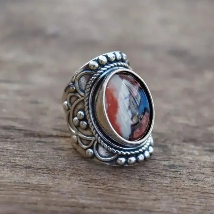 Vintage Silver Wide Face Artificial Stone Ring for Women Türkiye Wedding Jewelry