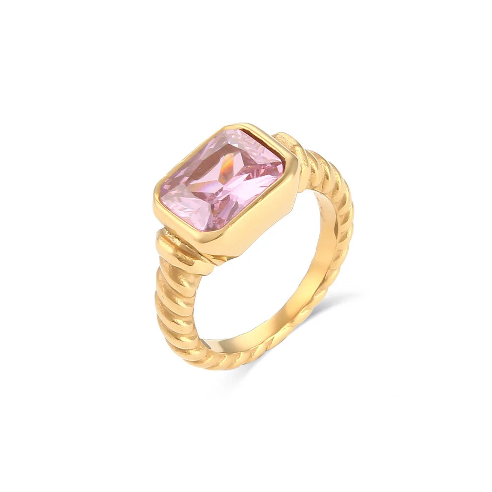 18K Gold Plated Stainless Steel CZ Geometric Twist Chunky Wedding Ring