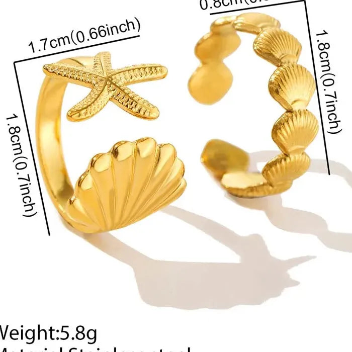 Adjustable Stainless Steel Sea Star Shell Ring Vintage Gold for Women Men Jewelry