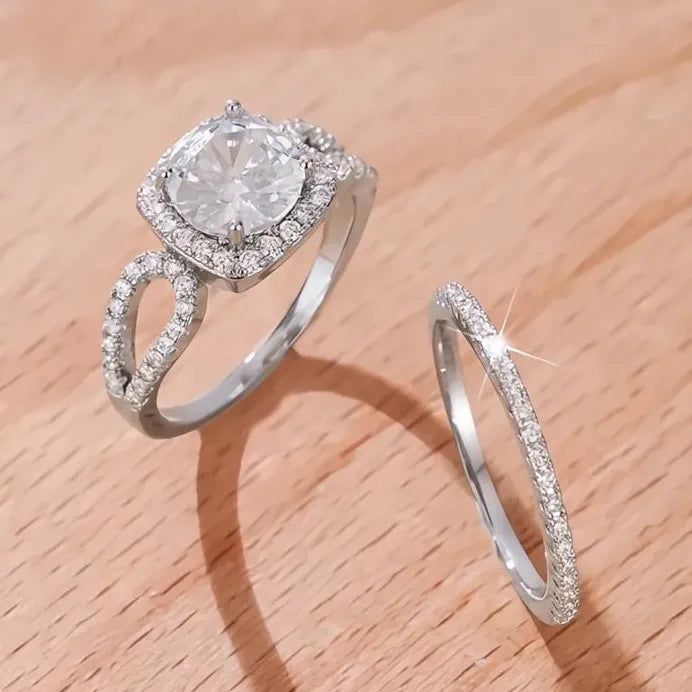 Brass Cubic Zirconia Wedding Band Set Delicate Promise Rings